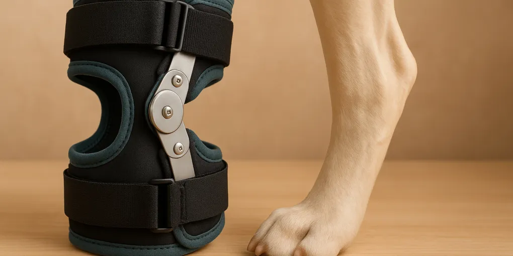 Supportive knee brace on senior dog hind leg outdoors