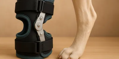 Supportive knee brace on senior dog hind leg outdoors