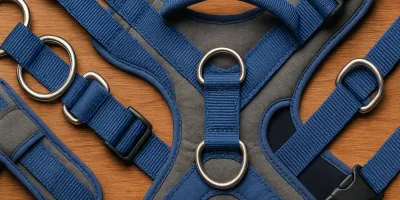 Senior dog wearing supportive harness on hardwood floor, owner holding handle