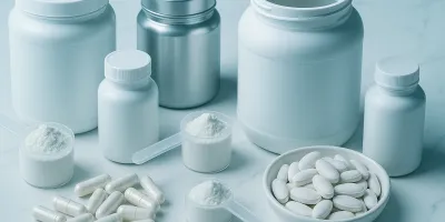 White supplement container with capsules and powder scoops on a clean white marble surface with cool blue lighting