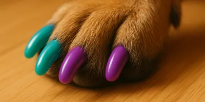 Colorful dog nail caps applied to a dog paw, shown on a light wood floor surface with soft warm lighting