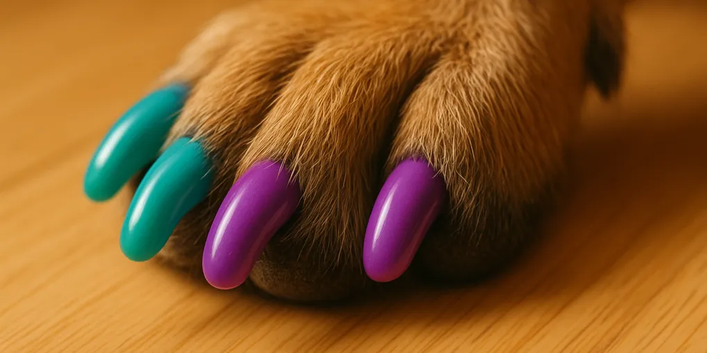 Colorful dog nail caps applied to a dog paw, shown on a light wood floor surface with soft warm lighting