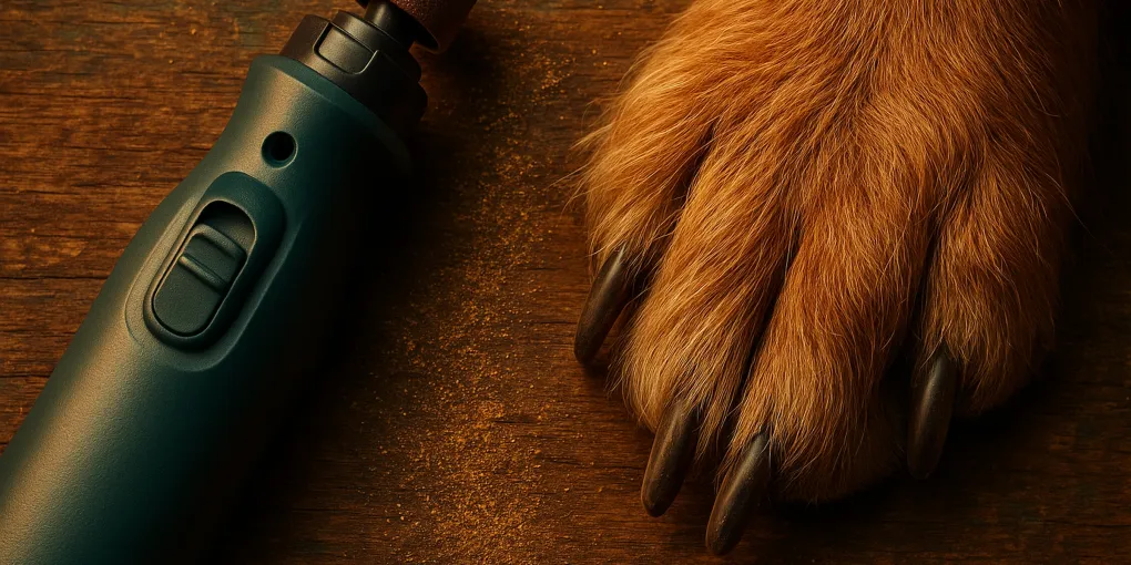 Electric nail grinder next to a senior dog paw on wooden surface