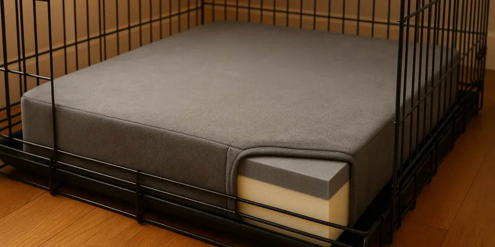 Thick memory foam crate pad in a wire dog crate with a senior dog resting on it, warm tones