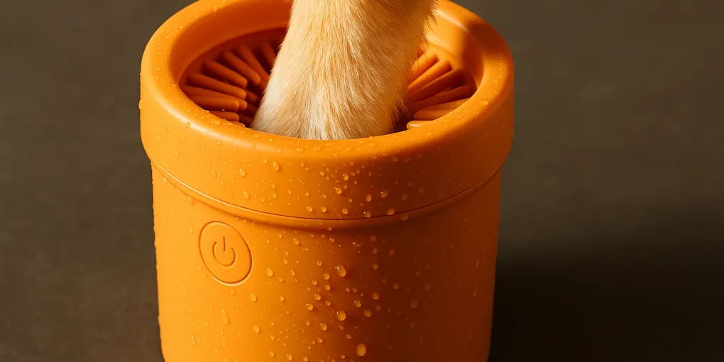Dog paw being cleaned in a silicone bristle paw washer cup next to a muddy doormat