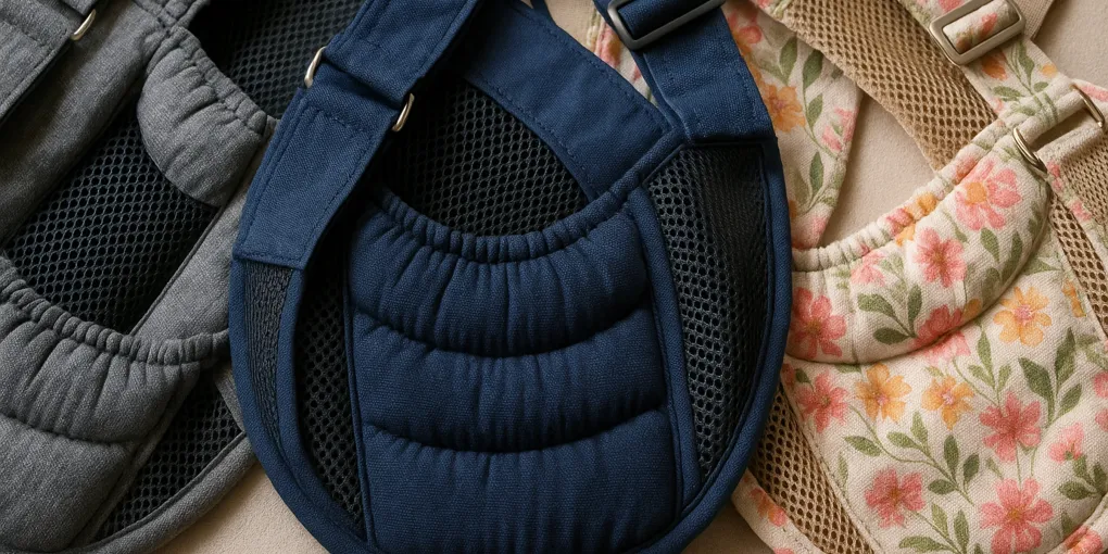 An owner carrying a small senior dog in a padded hands-free dog sling carrier, indoors in soft lighting