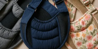 An owner carrying a small senior dog in a padded hands-free dog sling carrier, indoors in soft lighting