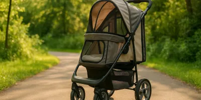 Sturdy pet stroller on smooth path in a park setting with dappled natural light