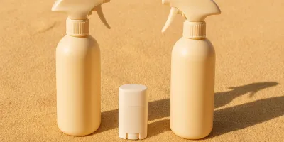 Dog sunscreen spray bottle and balm on a bright outdoor surface with sunny warm light