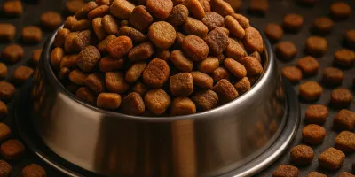 Several varieties of dry dog food kibble in bowls on a clean white surface with natural lighting