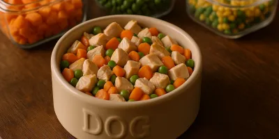 Fresh cooked dog food in a bowl with whole food ingredients on wooden surface