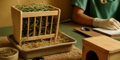 Photorealistic guinea pig beside a low hay rack with clean timothy hay in a bright indoor enclosure