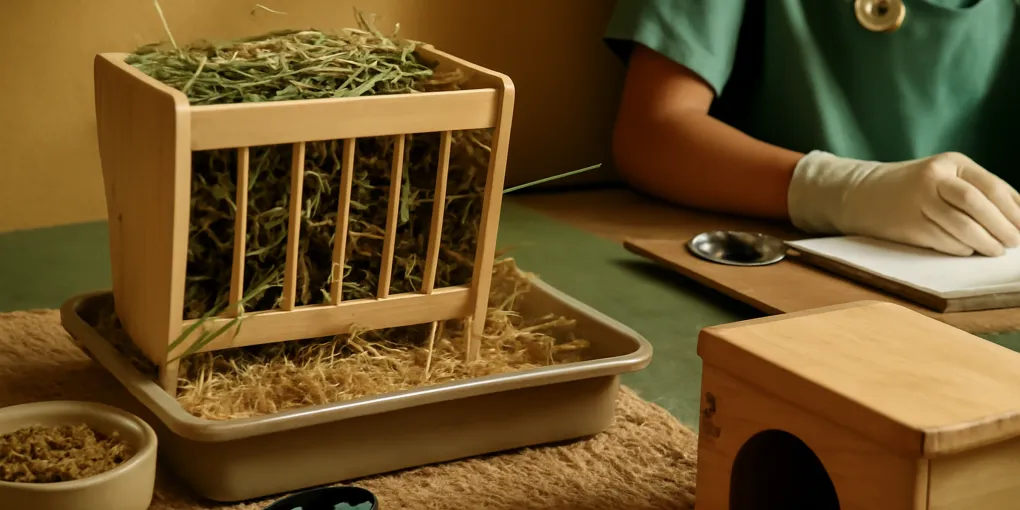 Photorealistic guinea pig beside a low hay rack with clean timothy hay in a bright indoor enclosure