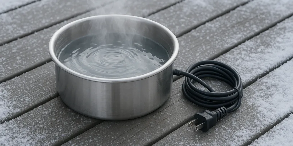 Heated pet water bowl placed outdoors in snow with a dog drinking from it