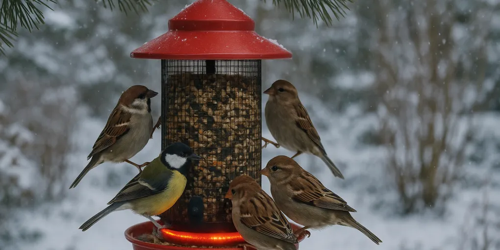 A heated bird feeder mounted outdoors in winter with snow on nearby branches and birds feeding