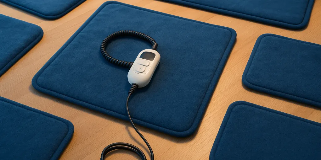 Blue electric pet heating pad with cord and temperature controller on a clean light surface with soft warm light