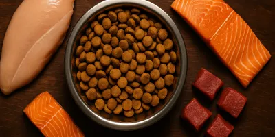 High-protein dry dog kibble in a stainless steel bowl surrounded by raw meat and chicken on a wooden surface
