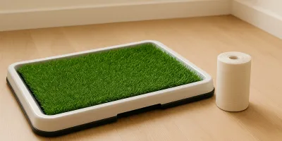 Indoor dog potty tray with artificial turf and small dog standing on it in an apartment