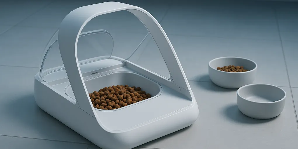 Cat approaching a microchip-activated pet feeder with the lid opening automatically