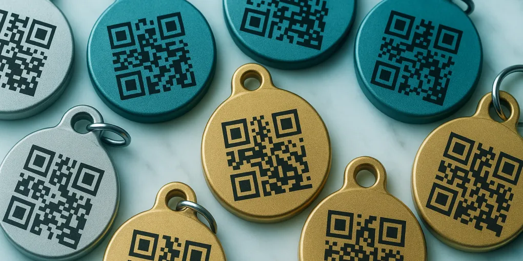 Smart NFC pet ID tag on dog collar with QR code visible and owner scanning with smartphone