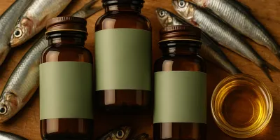 Fish oil supplements for cats on warm wood surface with natural lighting