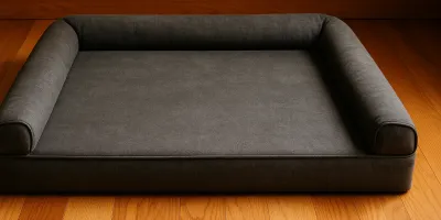 Large orthopedic memory foam dog bed with bolster on hardwood floor