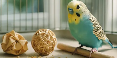 Photorealistic budgie beside natural paper foraging toys, millet, and a clean cage perch
