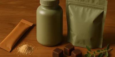 Probiotic supplement chews and capsules for dogs on warm wood surface