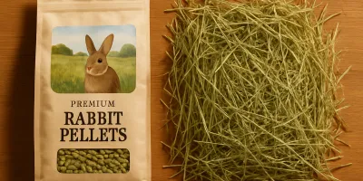 Fresh timothy hay and pellets in a ceramic bowl beside a healthy adult rabbit