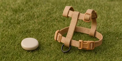 Lightweight tracking device attached to a rabbit harness in a garden