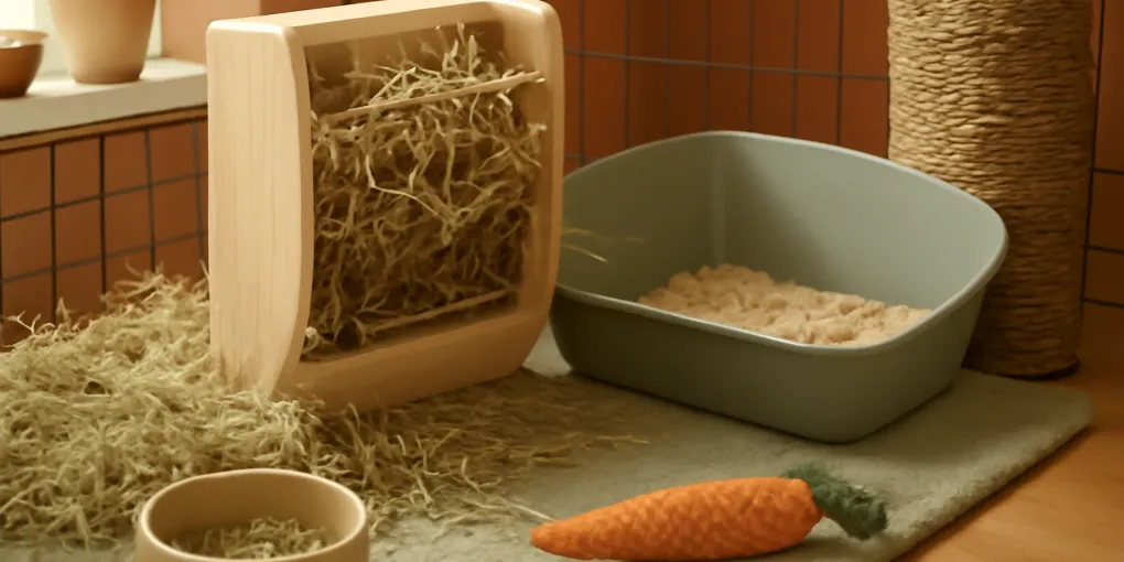 Rabbit eating hay from a safe low rack beside a litter area
