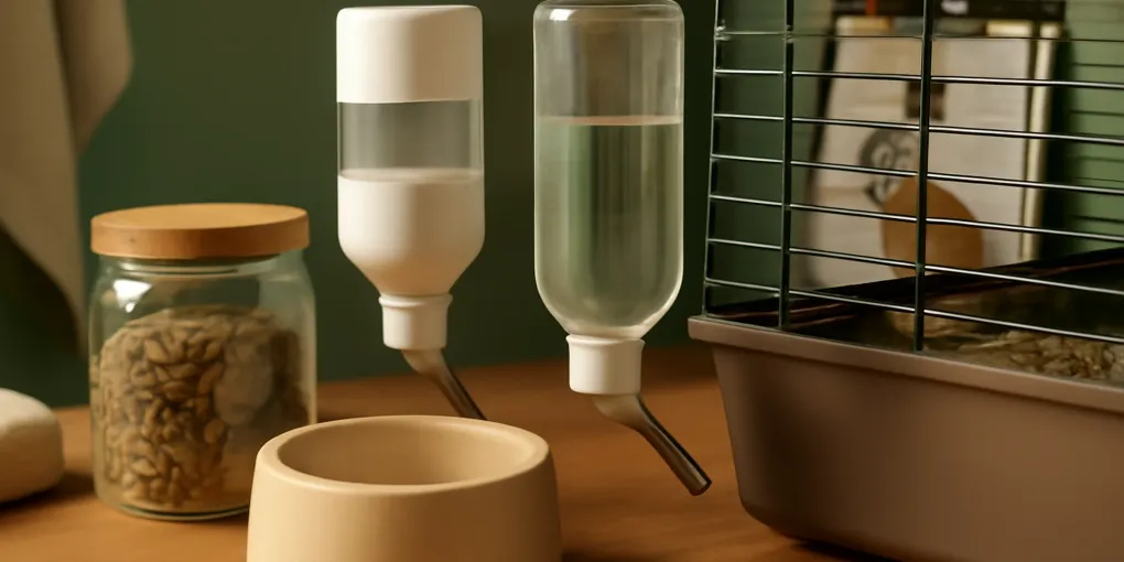 Heavy ceramic rabbit water bowl, mounted sipper bottle, and hay on a clean indoor rabbit habitat shelf