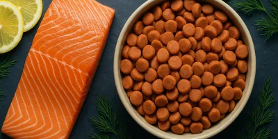 Premium salmon-based dry dog food kibble with fresh salmon filet and herbs on a clean surface