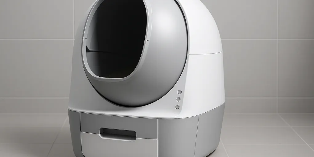 Modern automatic self-cleaning litter box on clean bathroom floor with sleek grey design