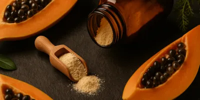 Digestive enzyme supplement powder in a small scoop beside a senior dog food bowl on a wood surface