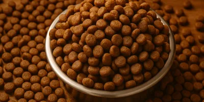 Dry kibble dog food in stainless bowl on wooden surface with older dog in background