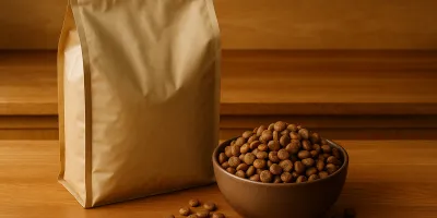 Premium dog food bag with bowl of kibble on warm wood kitchen surface with soft natural light