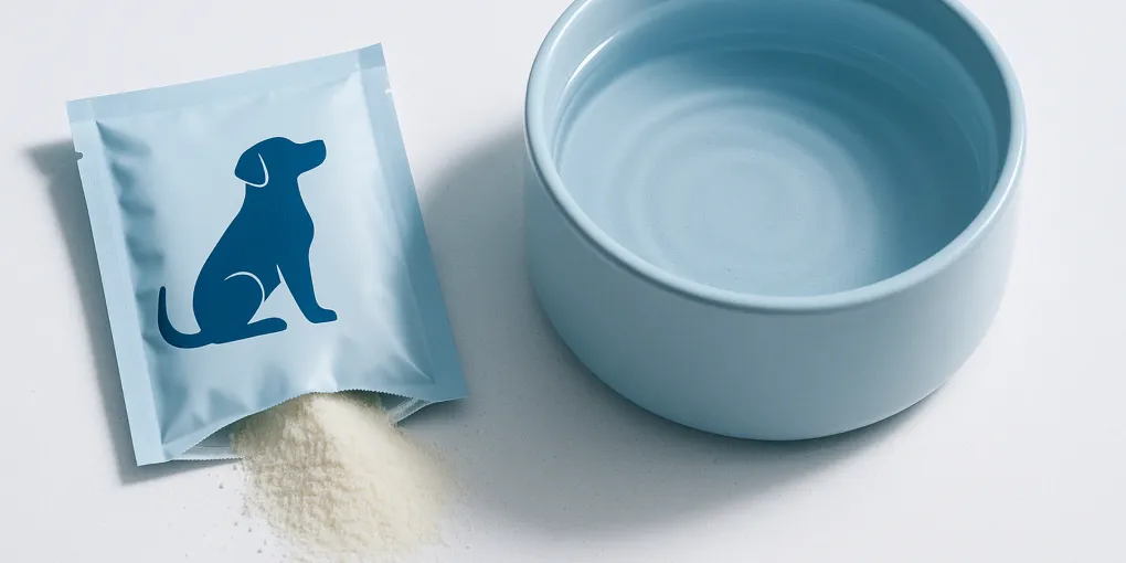 Electrolyte supplement powder next to a dog water bowl on a clean white surface with soft natural light