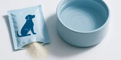 Electrolyte supplement powder next to a dog water bowl on a clean white surface with soft natural light