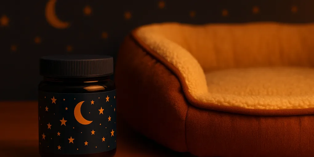 A soft gel melatonin supplement beside a senior dog sleeping on a cozy dog bed in warm lighting