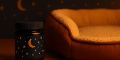 A soft gel melatonin supplement beside a senior dog sleeping on a cozy dog bed in warm lighting