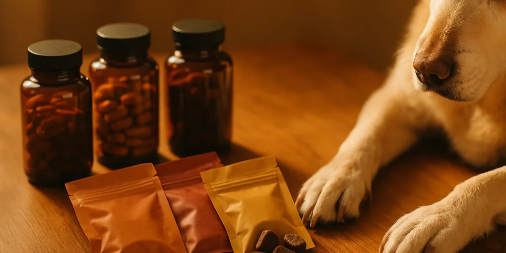Collection of senior dog supplement bottles and soft chews on warm wood surface with natural light