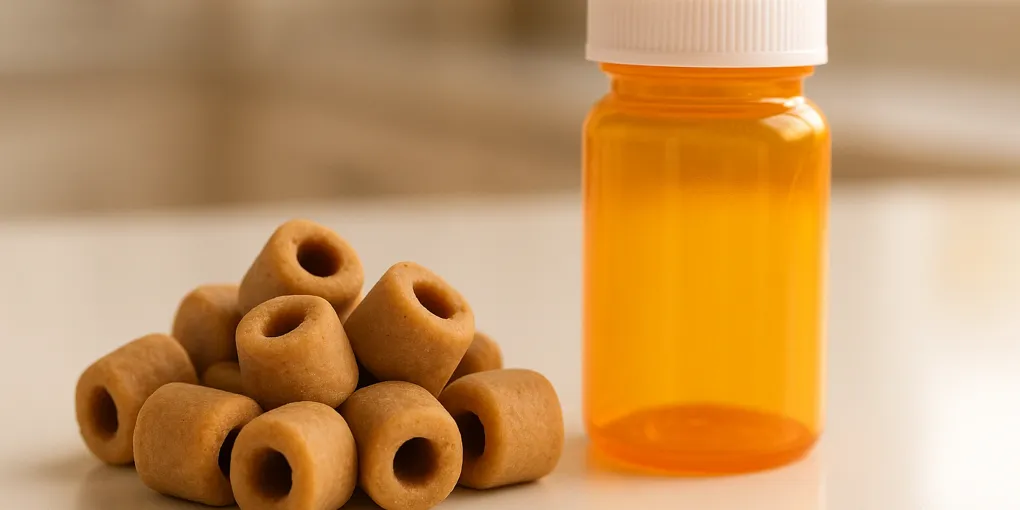 Dog pill pocket treats on a clean white surface with a prescription bottle beside them, warm kitchen lighting