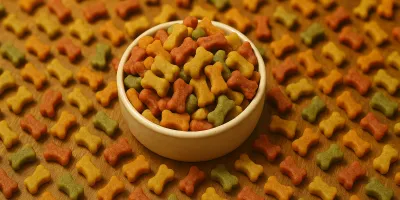 Small dog training treats and biscuits in a small bowl on warm wood surface with clean natural light