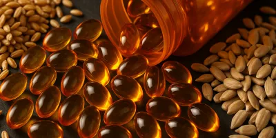 Amber vitamin E supplement capsules beside a glass bowl and a senior dog on a clean surface