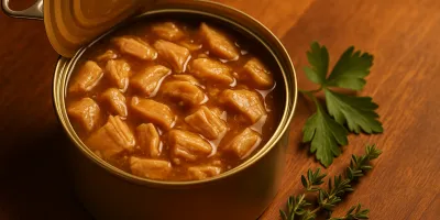 Open can of premium wet dog food with visible meat chunks on a wooden kitchen surface, warm natural lighting