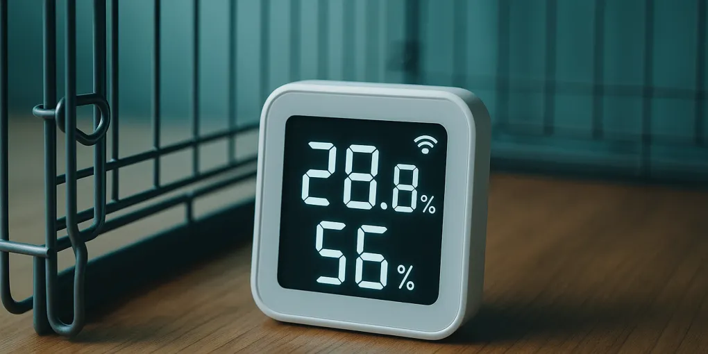 WiFi thermometer sensor inside dog crate showing temperature reading with smartphone app alert
