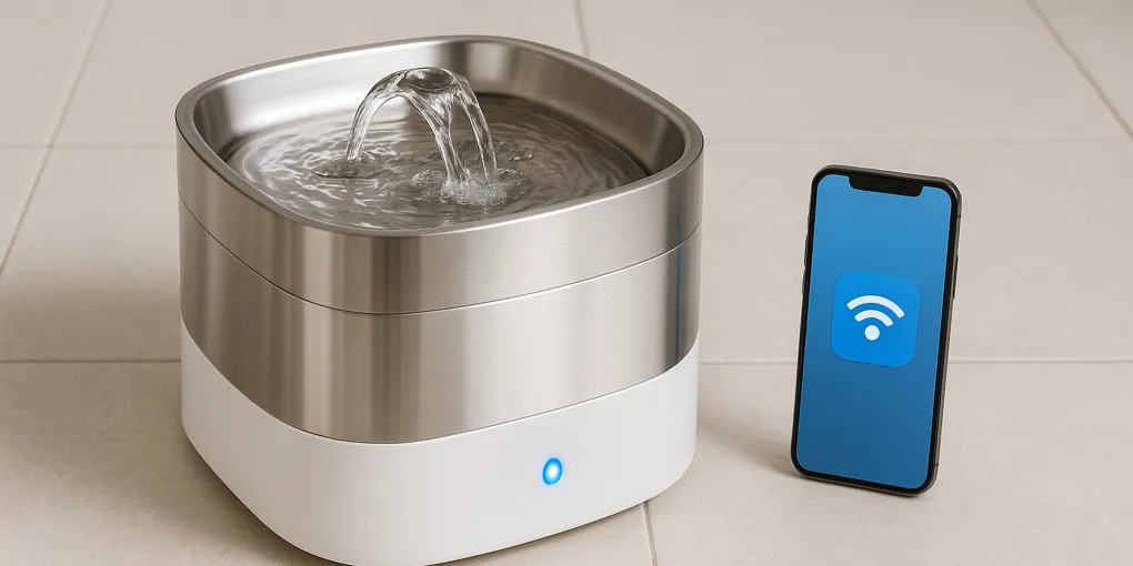 Sleek smart dog water fountain on a kitchen floor with a large Labrador drinking from it