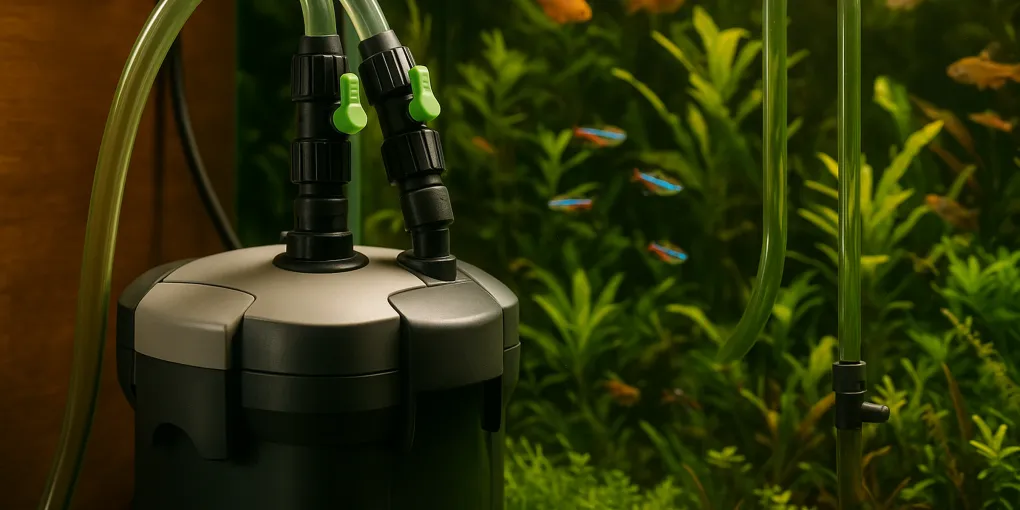 External canister aquarium filter connected to a planted freshwater tank with green aquatic plants visible