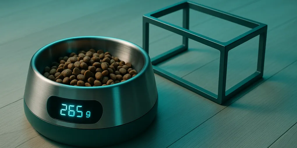 Smart pet bowl with motorized lid and stainless inner bowl on a clean kitchen floor